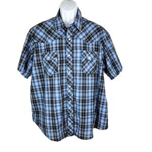 Wrangler Western Shirts Men 2XL Blue Plaid Short Sleeve Snap Button Up Cowboy